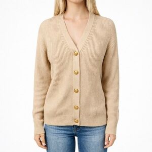 Cielo V-Neck Cardigan Sweater Cream Rib Knit Crop Career Chic Soft Size M